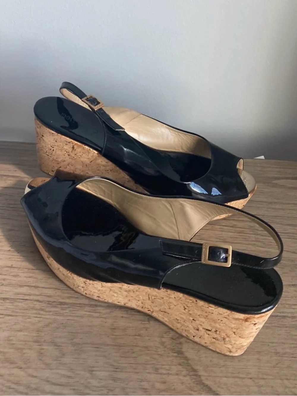 Jimmy Choo Black Patent Leather Wedge Peep-Toe Size IT 41 - US 10.5 width 3”